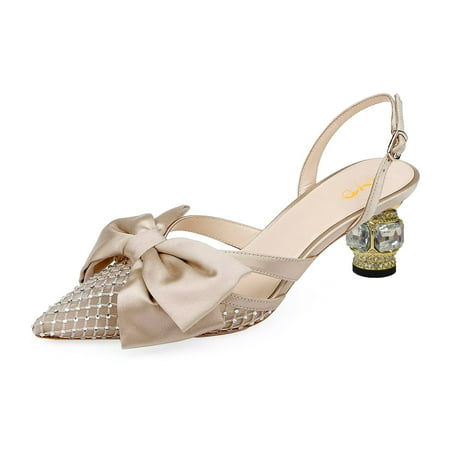 

XYD Women Pointy Toe Slingback Pumps with Satin Bowknot Mesh Chunky Low Heel Sandals Crystals Dress Wedding Shoes Size 16 Nude