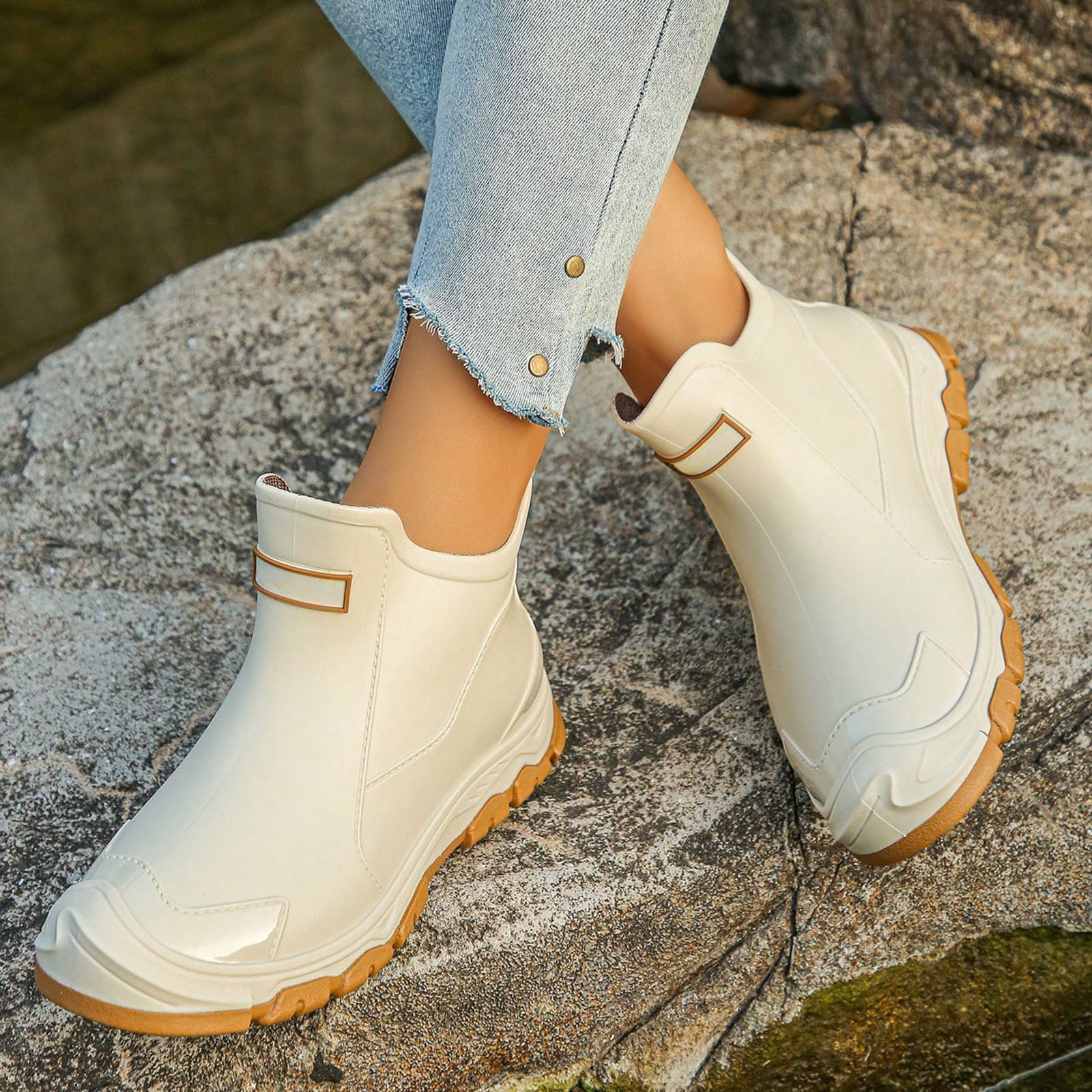 Stylago Ankle Rain Boots for Women Water Proof Garden Boot Wide Mouth Outdoor Comfortable Slip on Rubber Shoes for Rainy White Size 6