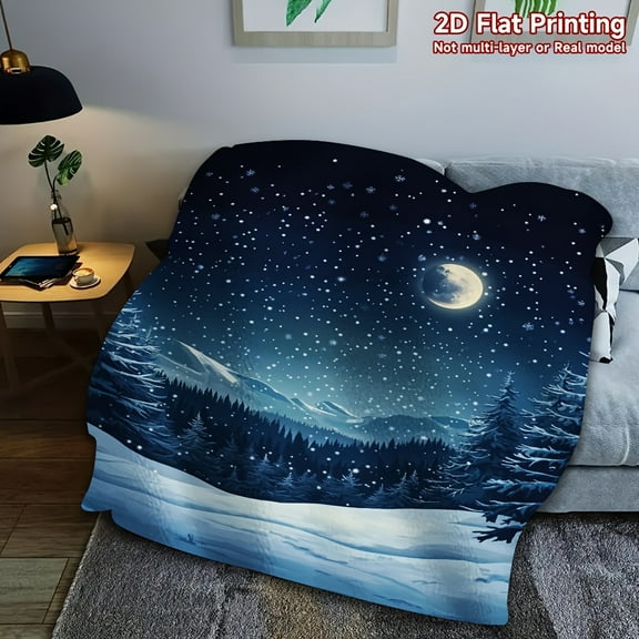 1pc Starry Sky & Snow-Covered Mountains Digital Print Flannel Blanket - Cozy All-Season Throw with Pine Forest & Moonlit Mountain Design, Perfect Holiday Gift for Nature Lovers, Cozy Blanket, Seasona