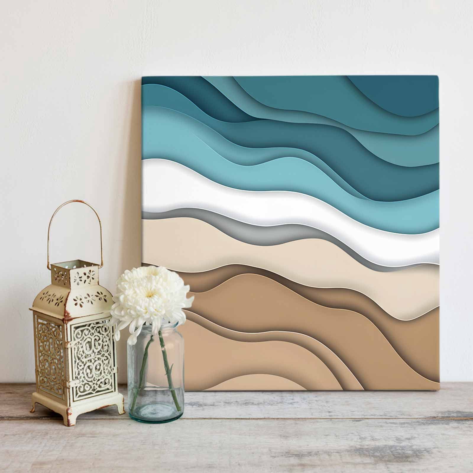 Turquoise Brown Ombre Canvas Wall Art, Turquoise Gradient Abstract Wave Geometric Framed Wall Decor Modern Artwork Prints Painting for Living Room, Bedroom, Kitchen & Cafe Decor 28x28 Inch