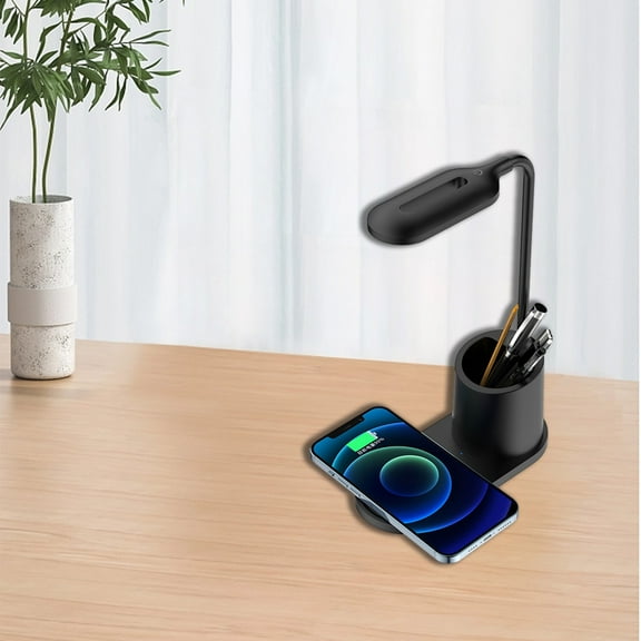 Qwtwty Desk Pen Storage LED Smart Desk Lamp, 15W Wireless Charging, with Pen Holder, Student Eye Protection Study Lamp, Suitable for Office, Bedroom, Dorm