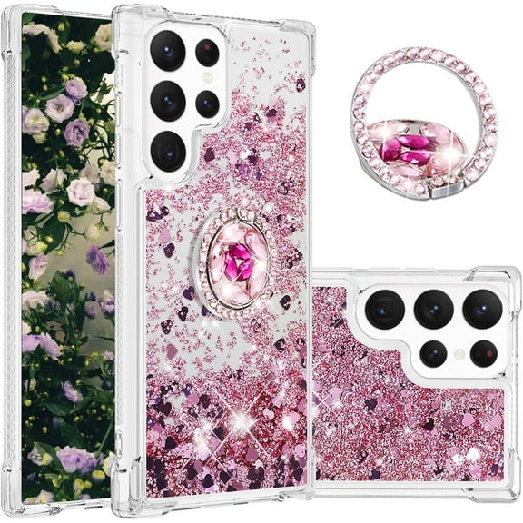 Phone Case for Samsung Galaxy S23 Ultra, Shockproof Clear Quicksand Glitter Flowing Liquid with Bling Diamond Ring Stand,Cute Women Girls Case for Galaxy S23 Ultra 6.8'' LS - Rose Gold