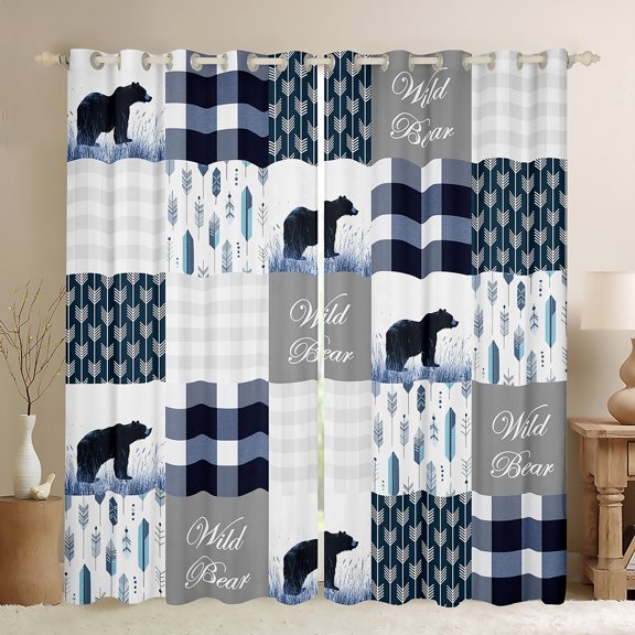 Manfei Kawaii Blue Buffalo Black Out Curtains for Kids, Art Abstract Patchwork Curtains Pack of 2 (42x63 Each), Rustic Farmhouse Bear Bedroom Curtains, Window Curtains Bedroom Decor
