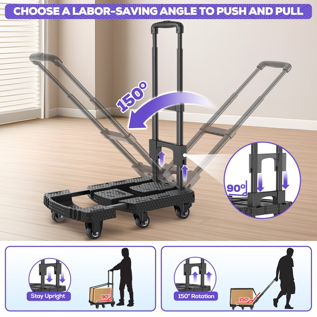 TNTANTS Folding Hand Truck, 500 LB Heavy Duty Portable Dolly Cart, 6 Wheels Collapsible Luggage Trolley with 3 Elastic Ropes, Hand Cart for Travel, Moving, Shopping, Black