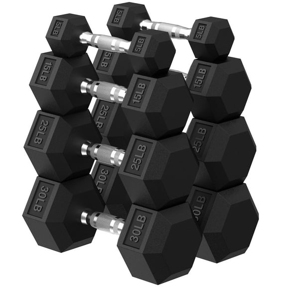 HANDBODE Hex Dumbbell 150 lb Set, 5 / 15 / 25 / 30 lb Weights Dumbbells Set of 2, Rubber Encased Exercise & Fitness Dumbbells for Home Gym, Hand Weight for Strength Training