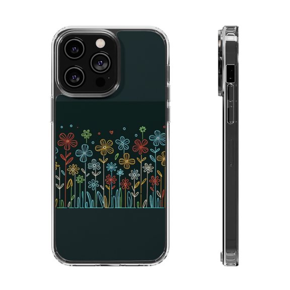 DistinctInk Hybrid (Acrylic / TPU) Clear Slim Fit Case for Apple iPhone 13 Pro MAX (6.7" Screen) - "Blooming Elegance: Vibrant Flowers Against Darkness"