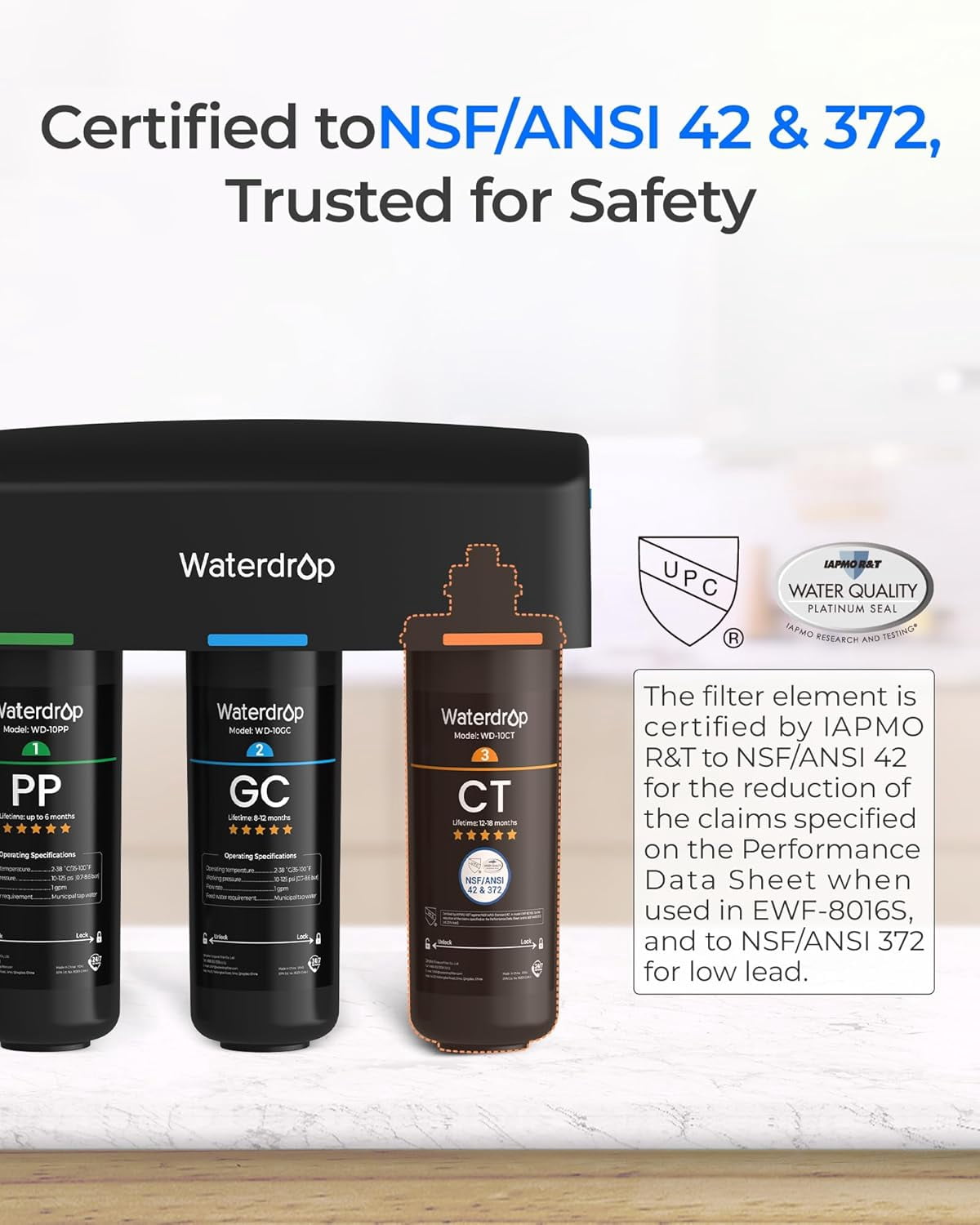 Waterdrop WD-10CT Under Sink Water Filter, Replacement TSA & TSB 3-Stage Under Sink Water Filter System
