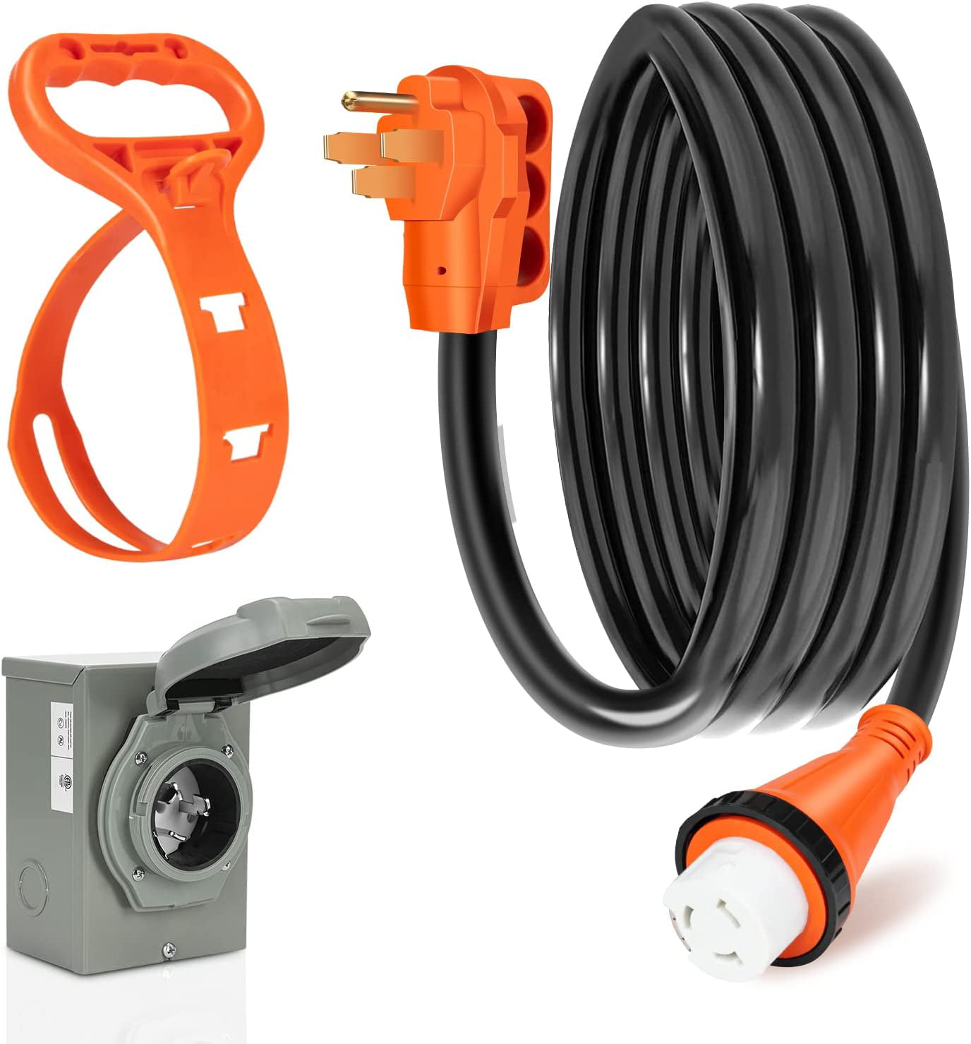 ETL Listed RVGUARD 30 Amp Generator Power Inlet Box and Power Cord Waterproof Combo Kit NEMA TT-30P to L5-30R Extension Cord 25 Feet with NEMA L5-30P Generator Inlet 