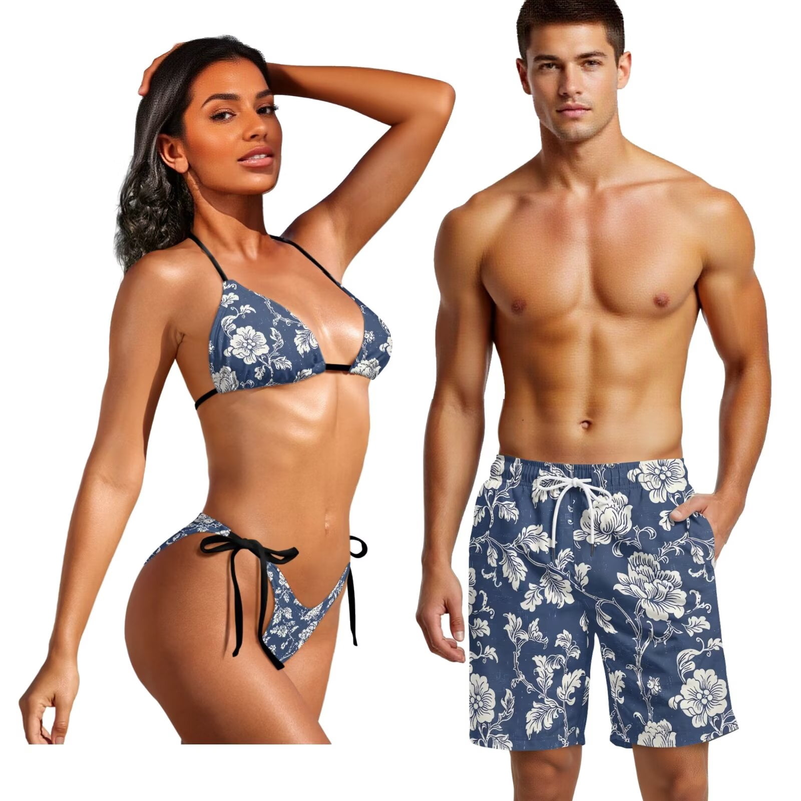 Uourmeti Boho Floral Print Matching Swimsuits for Couples 2 Piece Womens Bikini Set Mens Swim Trunks His and Hers Swimsuits Matching Set for Hawaii Beach