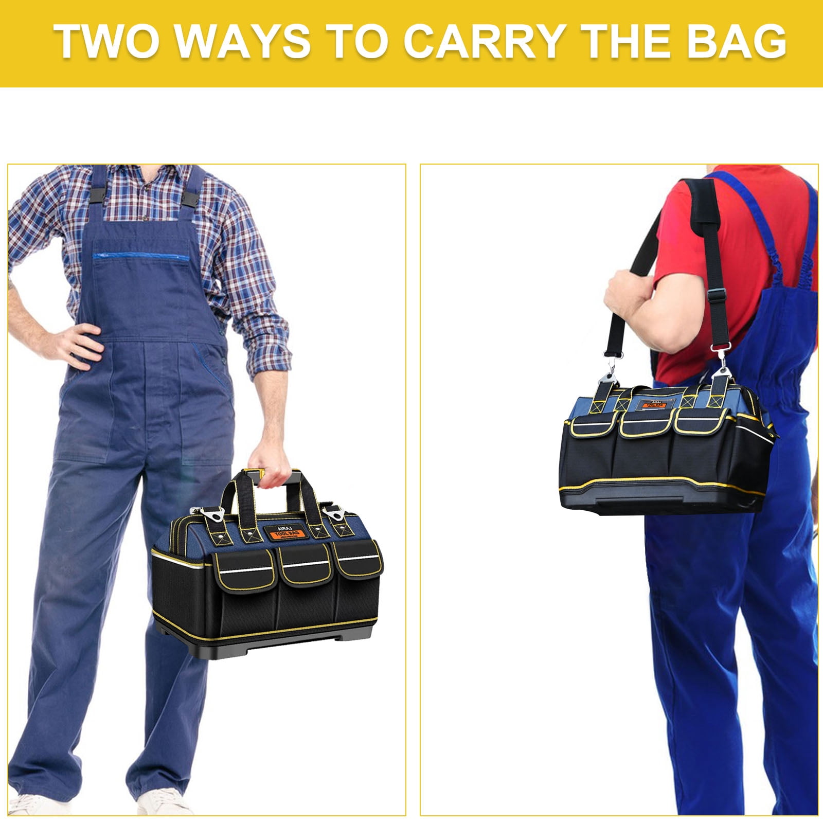 2BK 17-inch Tool Bag Tool Organizer Rubber with Base Waterproof Double Strap Carry Handle,Black