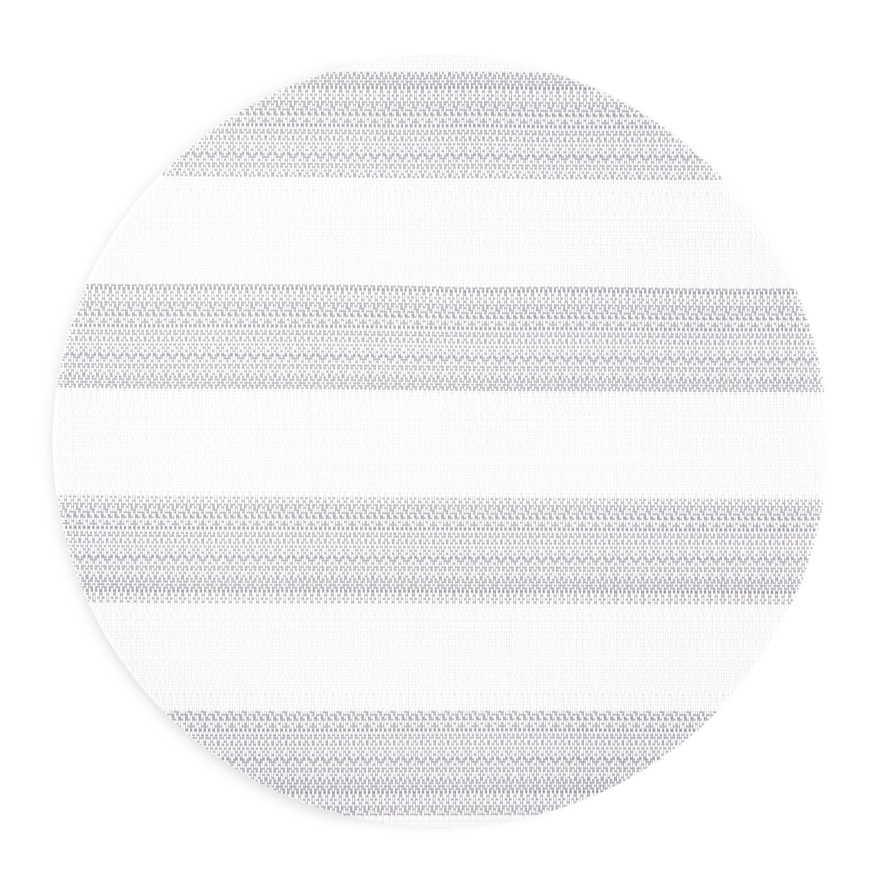 TOWN & COUNTRY BASICS Cabana Stripe Indoor Outdoor Placemats 4-Pack Set, Reversible and Easy Clean, Grey/White, 15" Round