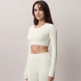 thumbnail image 3 of Women's Active Crop Top with Crew Neckline Seamless Stretch Fit and Thumbhole Cuffs - Off White, Small, 3 of 7