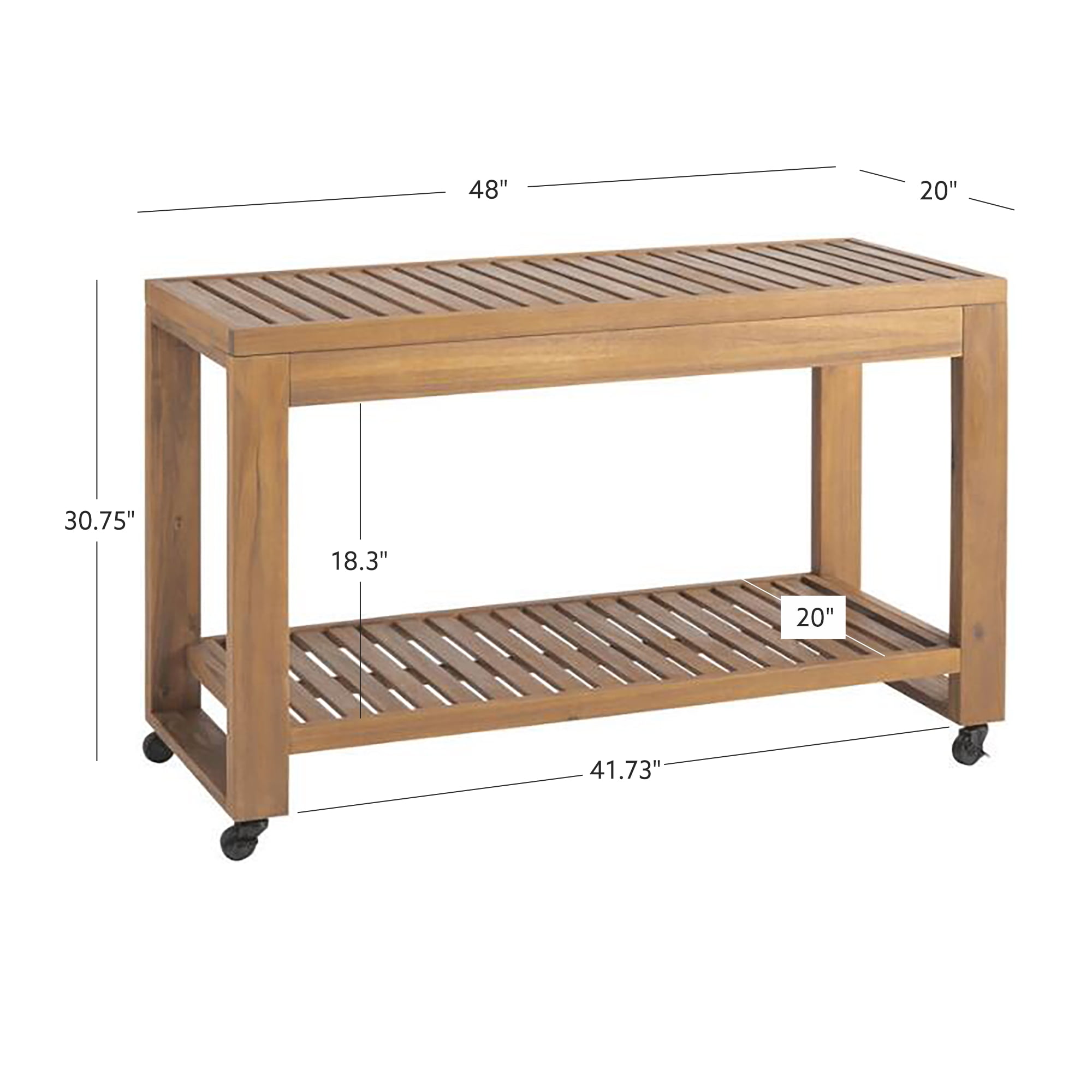 Linon Cormeer Outdoor Island Slatted Surface Teak Kitchen Island Wheels and Locking Casters, Natural