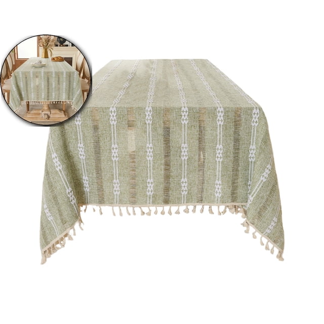 Rustic Table Cloth, Rectangle Textured Cotton Linen Fabric Tablecloth with Tassel, Christmas Farmhouse Table Cover Embroidery Stripe Tablecloths for Kitchen Dinning Party