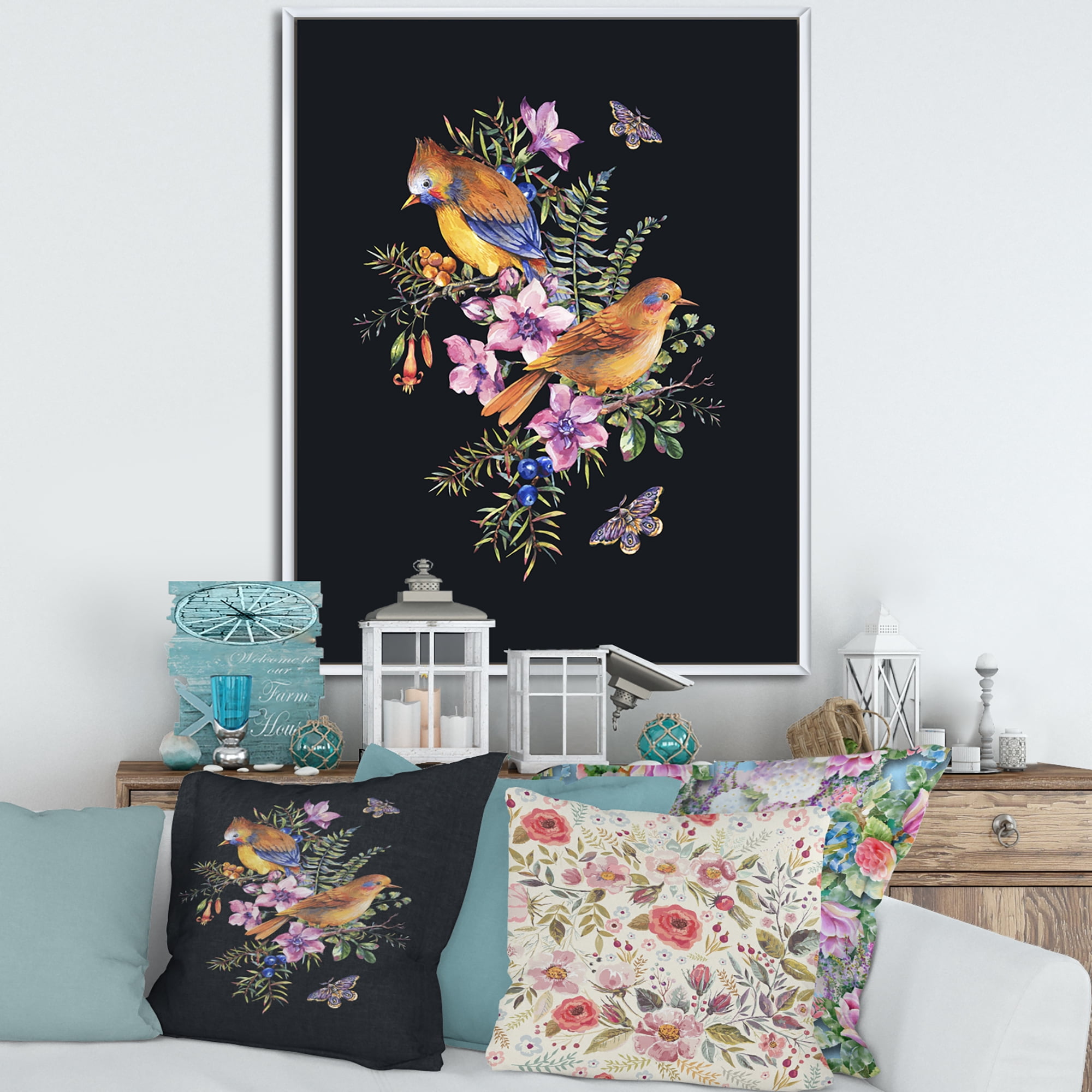 Designart 'Little Bird Sitting On Colourful Bouquet Of Wildflowers II' Traditional Framed Canvas Wall Art Print
