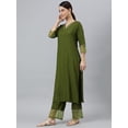 thumbnail image 5 of Janasya Indian V-Neck 3/4 Sleeve Solid Olive Green Rayon Kurta With Palazzo And Dupatta For Women, 5 of 8