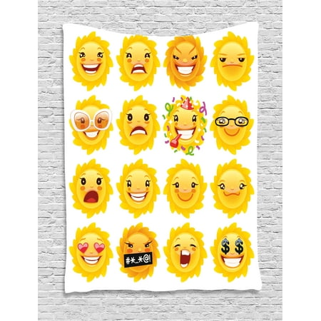 Sun Face Wall Decor Emoji Tapestry, Smiley Surprised Sad Hot Happy Sarcastic Angry Mood Sun like Faces Plain Backdrop Print, Wall Hanging for Bedroom Living Room Dorm Decor, 40W X 60L Inches, Yelow, by Ambesonne ()