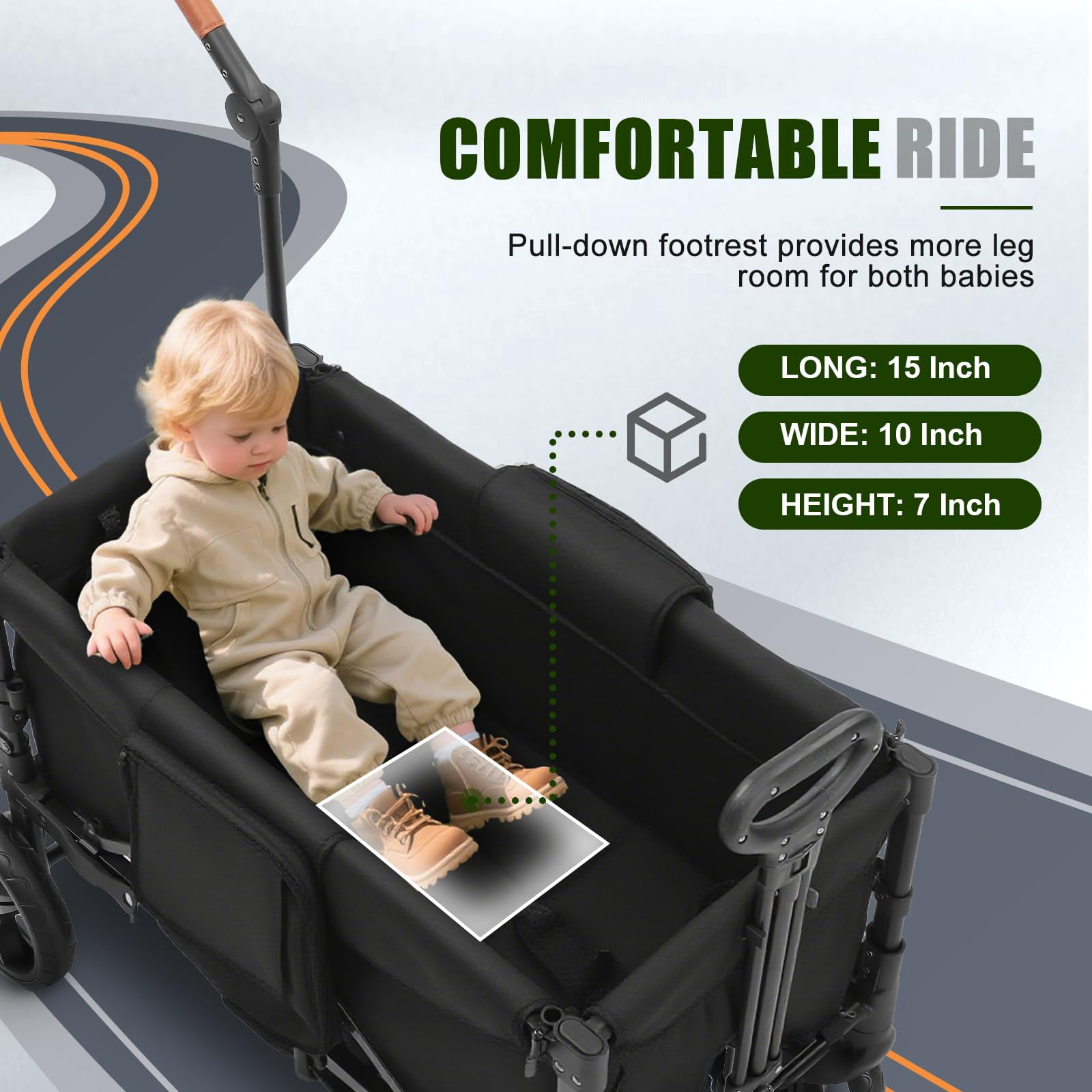 Wagon Stroller for 2 Kids, 3 in 1 Push and Pull Foldable Wagon with Footwell, All-Terrian Wheels, Includes Adjustable Canopy, Ample Organizer, 5 Point Harness (Black)