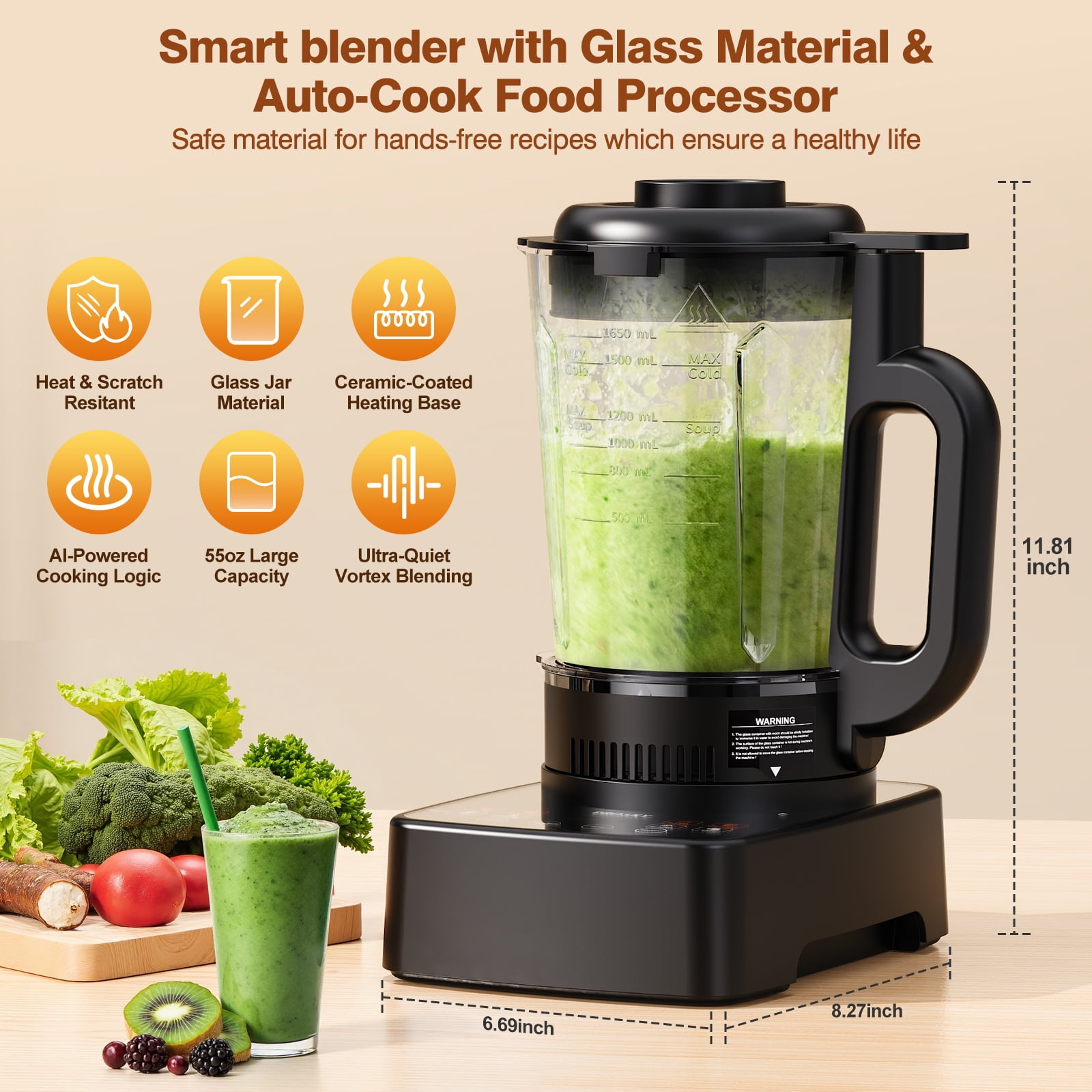 PRASKY Professional Countertop Blender with Heating, 53OZ  Glass Blender, Nut Milk Maker with Stainless Steel Insulated Cup (Black)