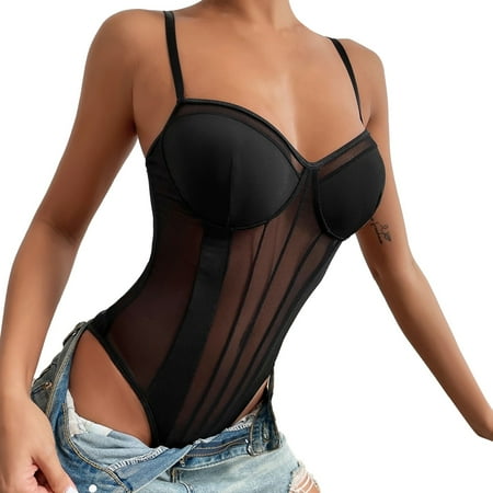 Midwennn Women s Lace Mesh Through Top Fashion Trend Street Metal Chain Design Bodysuit plus Size Lingerie for Women Sexy