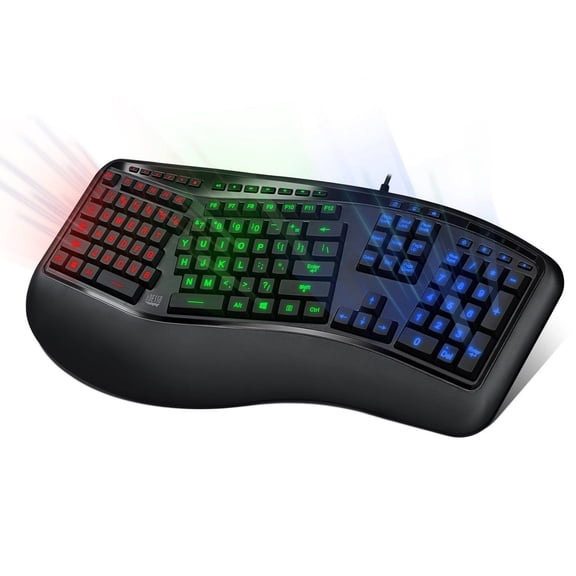 Adesso Tru-Form 150 3-Color Illuminated Ergonomic Keyboard - Split Key Design, Quiet Membrane Switches, Multimedia & Internet Hotkeys, USB, Compatible with Windows AKB-150EB