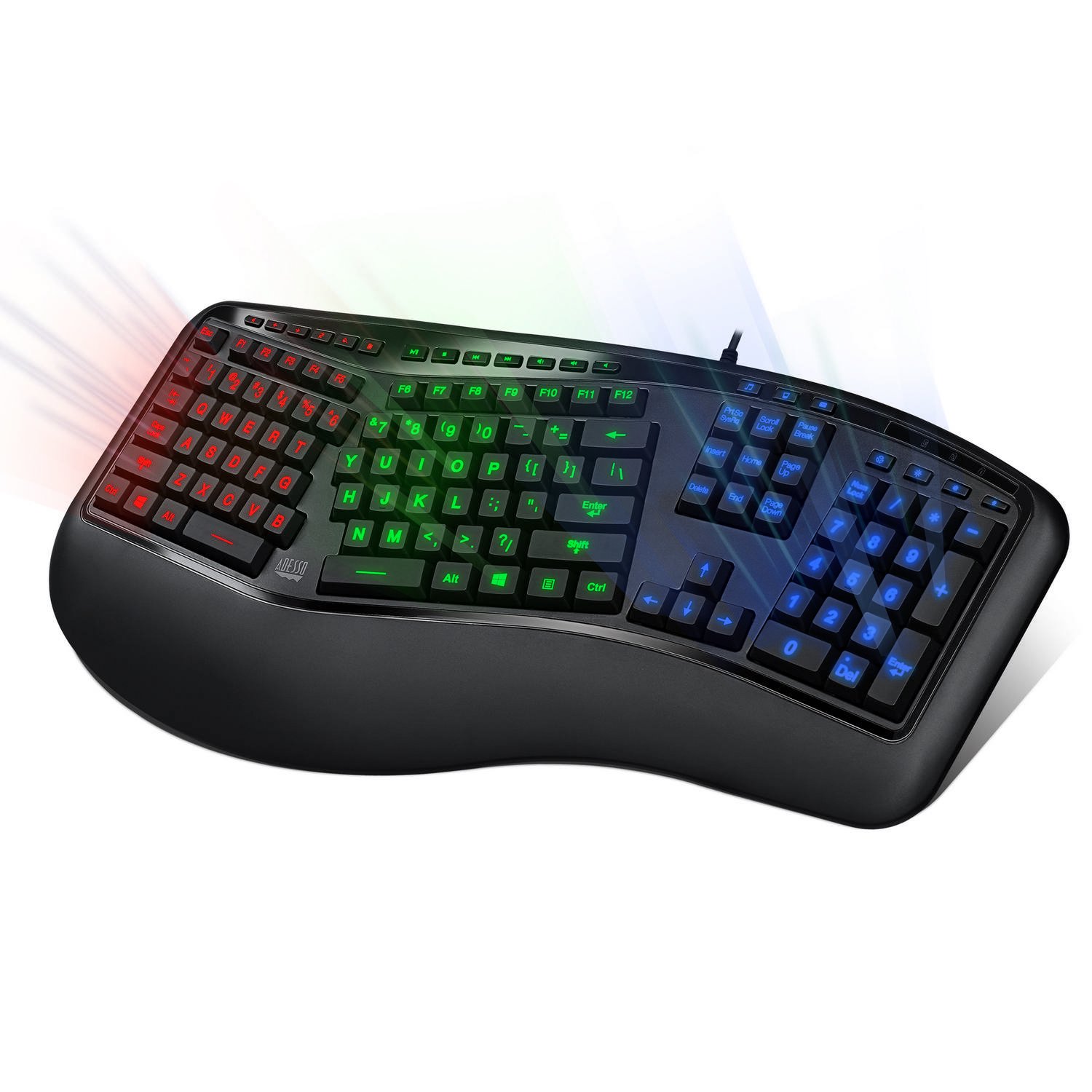 Adesso Tru-Form 150 3-Color Illuminated Ergonomic Keyboard - Split Key Design, Quiet Membrane Switches, Multimedia & Internet Hotkeys, USB, Compatible with Windows AKB-150EB