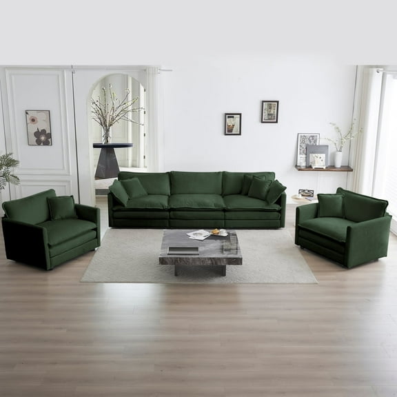 Newboti Furniture Sofa Set Of 3, 1 1 3 Seats Living Room Sofa Set, Accent Chair, Loveseat, And Three-Seat Sofa Modern Style Round Arms 3 Piece Sofa Set, Green Chenille 0045