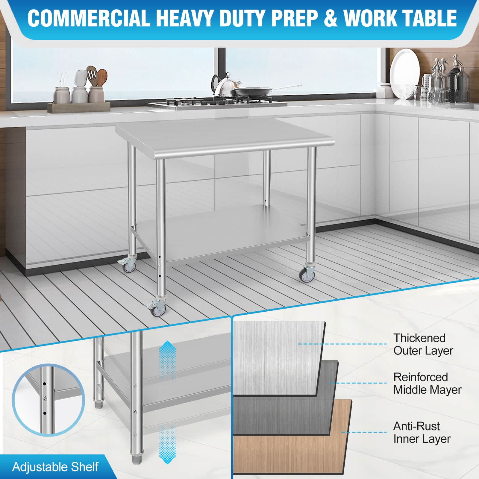 EastVita Stainless Steel Prep Table 36 x 24 Inch NSF Heavy Duty Commercial Kitchen Table with 4 Wheels and Undershelf Outdoor Cooking Table Dining Room Garage Laundry Room