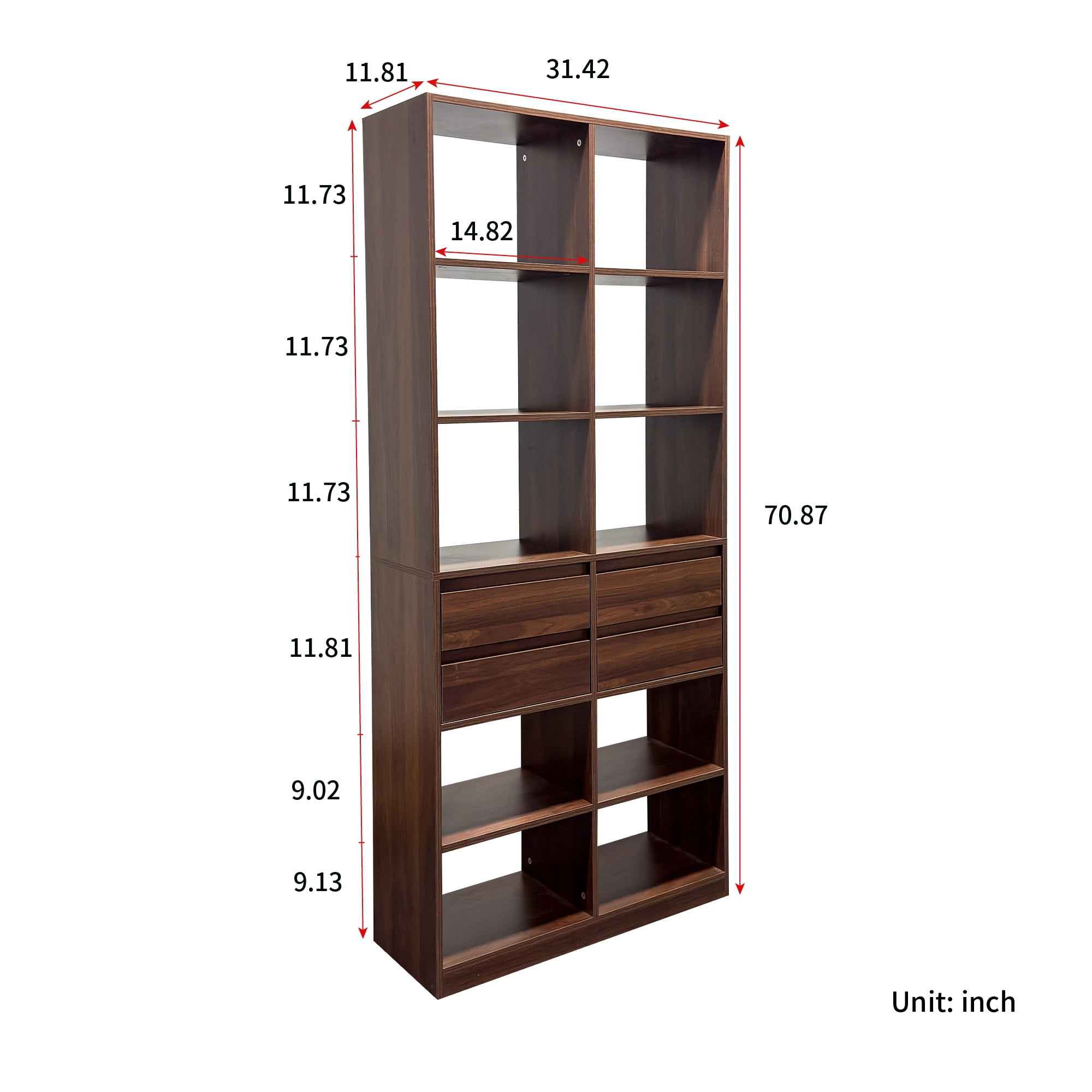 Mintazer Tall Bookcase with 10 Open Cubbies, Freestanding Bookshelf with 4 Storage Drawers, Multi‑Purpose Display Cabinet for Living Room Bedroom Home Office, Walnut Brown