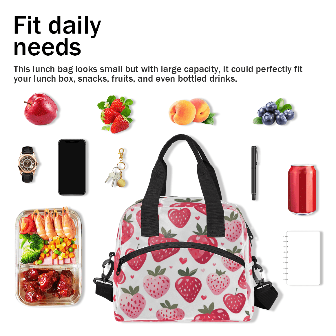 Herdesigns Strawberry Insulated Lunch Bag for Women Men Adults Large Reusable Lunch Box Pink Leakproof Cooler Tote Bags with Adjustable Shoulder Strap