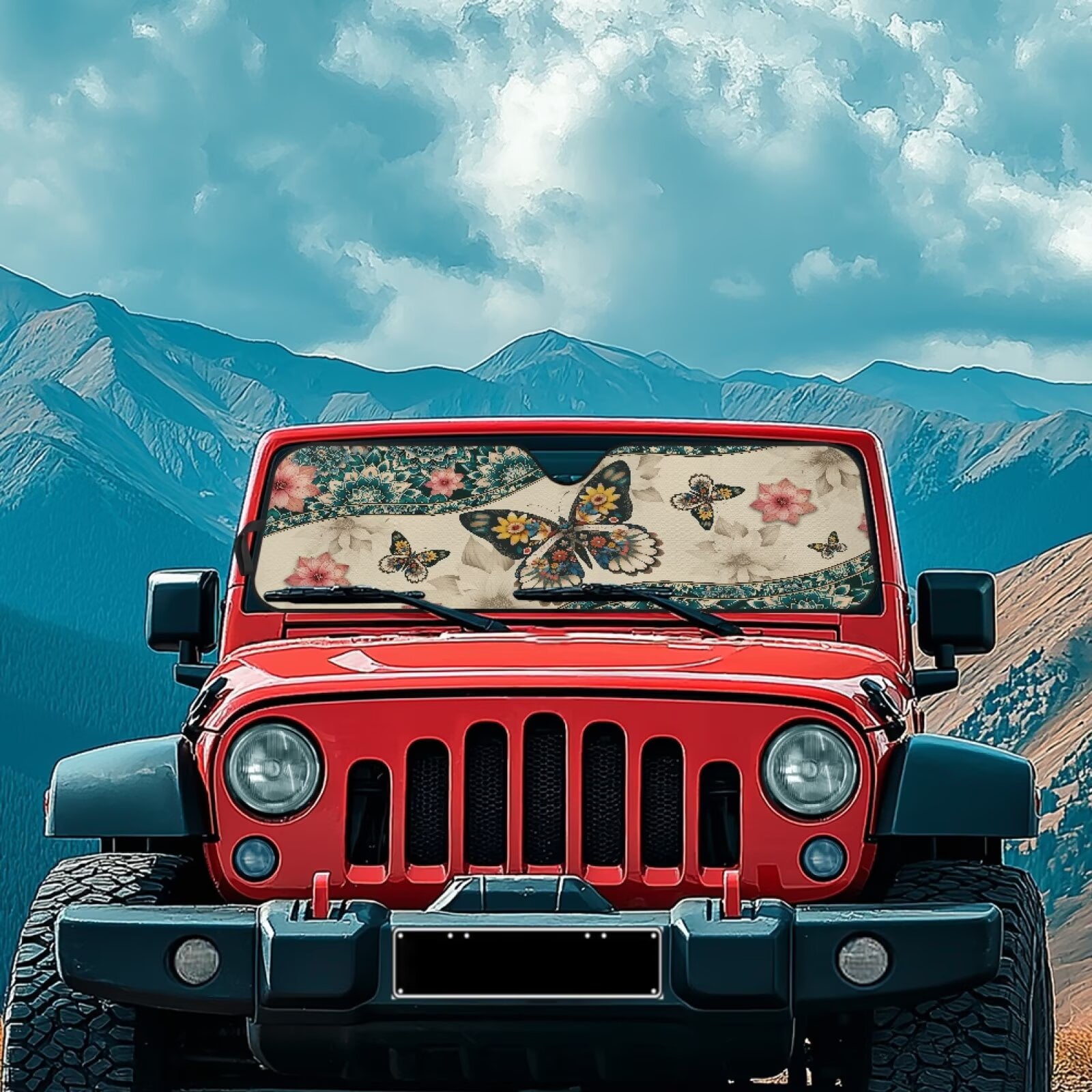 HUIACONG Butterfly Turtle Windshield Sun Shade Heat Shield Sun Visor Mat Compatible with Jeep Wrangler Rubicon Sahara TJ JK JKU 2 Door & 4 Door