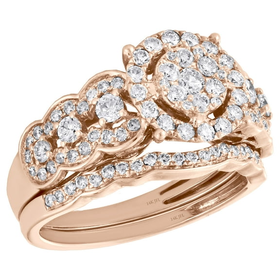 14K Rose Gold Round Diamond Bridal Wedding Engagement Ring Curved Band Set 1 CT.