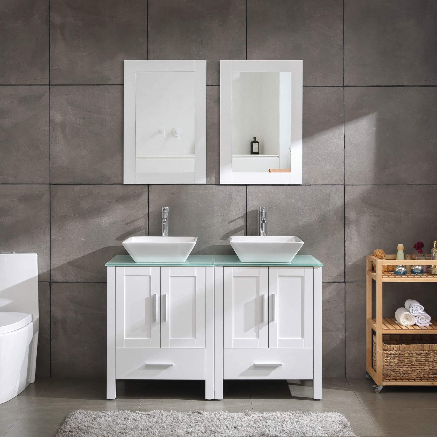 Goodyo 48" Modern White Double Vessel Sink Bathroom Vanity Tempered