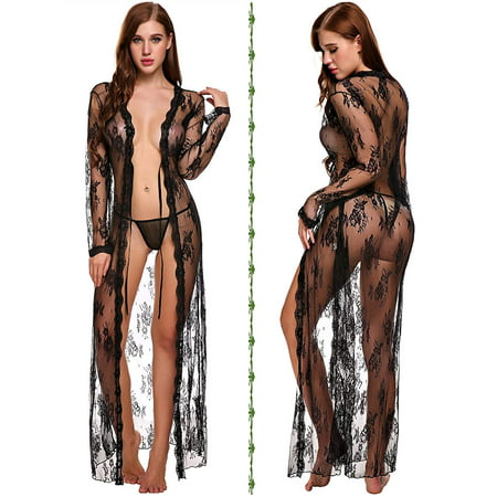 Reactionnx Lingerie for Women Sexy Long Lace Dress Sheer Gown See Through Kimono Robe