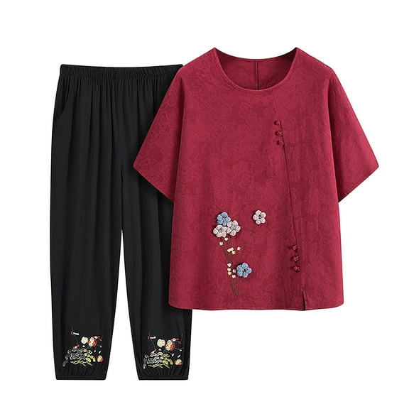 Fouhkni Plus Size Pajama Sets for Women Half Sleeve Embroidered Top Capri Pants 2 Piece Loungewear