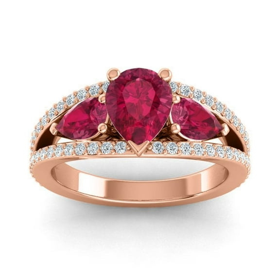 2.00 Carat Pear Cut Red Ruby Gemstone & Natural Diamond Beautiful Three Stone Wedding Ring for Ladies Solid 18K Rose Gold Size 7 by Diamond Capitals