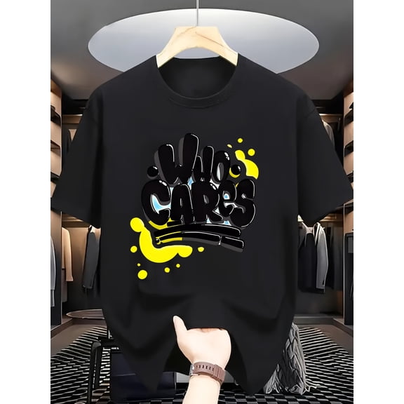 Men's 180G Pure Cotton Graphic T-Shirt - "WILL CARES" Letter Print, Round Neck, Short Sleeve, Black with Yellow & Blue Accents, Casual Summer Tee for Daily Wear, Travel Friendly Top