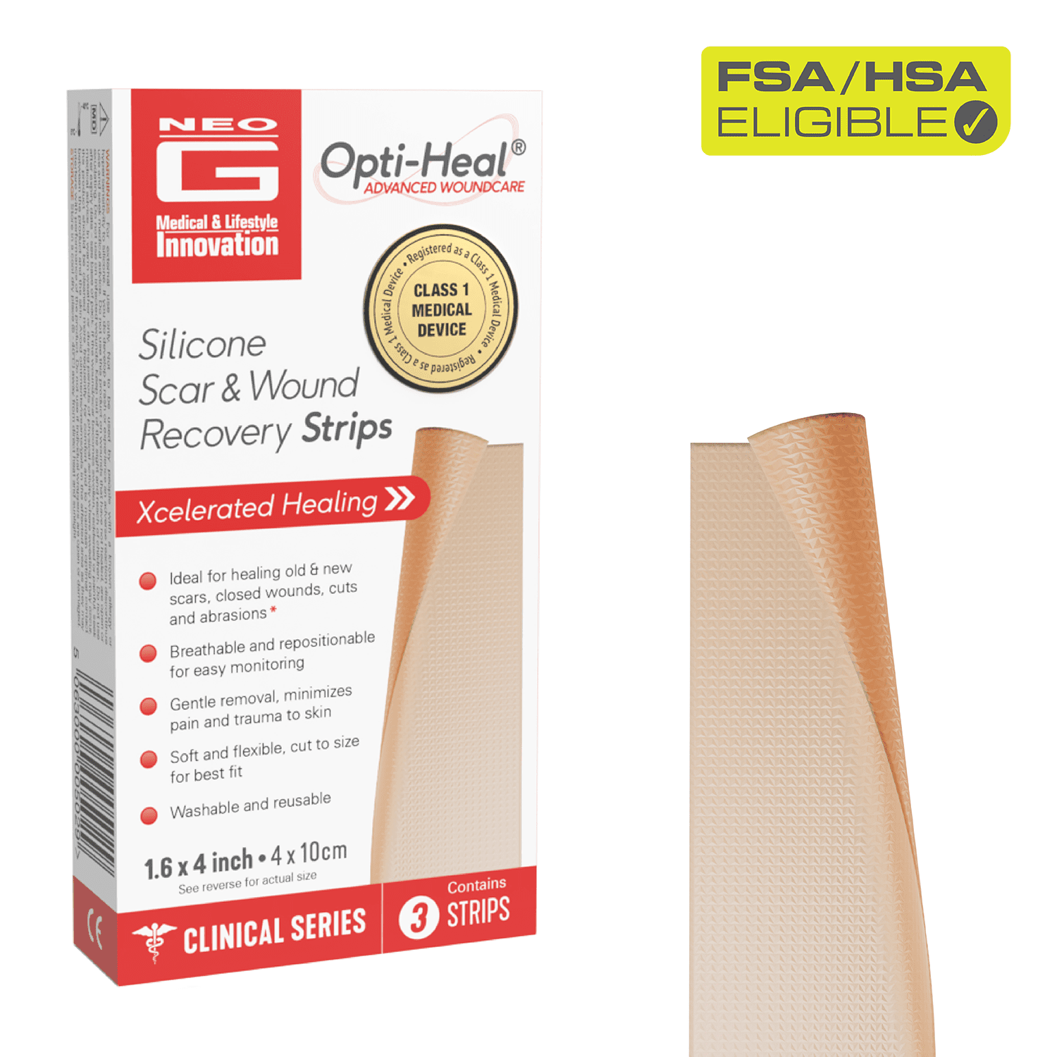 Neo G Opti-Heal Silicone Scar & Wound Recovery Strips 1.6x4, 3 Count, FSA/HSA Eligible