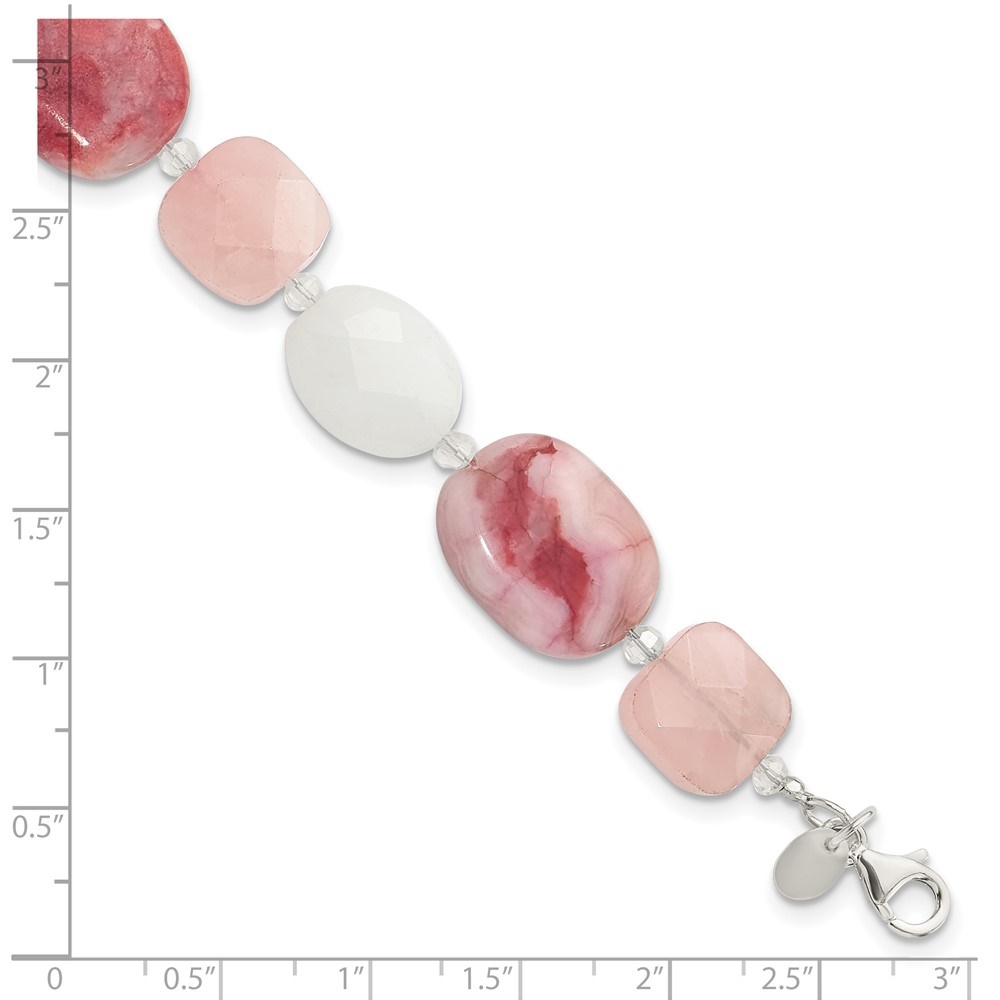 Diamond2Deal 925 Sterling Silver Pink Agate/Quartz, Jade, Crystal w/1in ext Bracelet for Women 8.75"