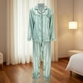 thumbnail image 2 of AWZXDE Striped Pocket Front Pajama Set for Women, Button-Down Collar Long Sleeve Sleepwear, Comfortable Loungewear Green,XL, 2 of 9