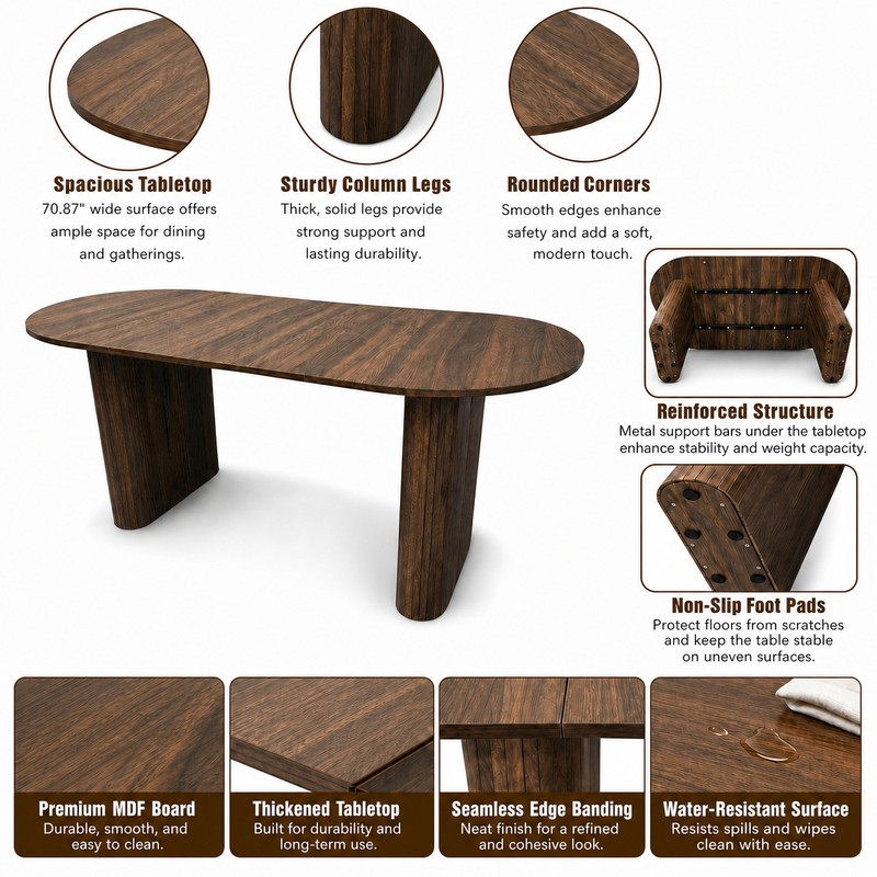 70.8" Long Oval Dining Table for 6-8, Large Wooden Kitchen Dinner Table with Striped Base & Non-Slip Foot Pads