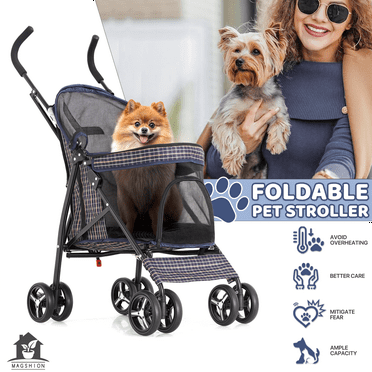 Foldable Pet Stroller with Skylight and Storage Basket for Cats and Dogs