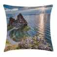 thumbnail image 1 of Travel Decor Throw Pillow Cushion Cover, Shaman Rock Lake Baikal in Russia Coastal Theme Sun Rays Scenic Vista, Decorative Square Accent Pillow Case, 18 X 18 Inches, Green Brown Blue, by Ambesonne, 1 of 2