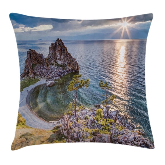 Travel Decor Throw Pillow Cushion Cover, Shaman Rock Lake Baikal in Russia Coastal Theme Sun Rays Scenic Vista, Decorative Square Accent Pillow Case, 18 X 18 Inches, Green Brown Blue, by Ambesonne