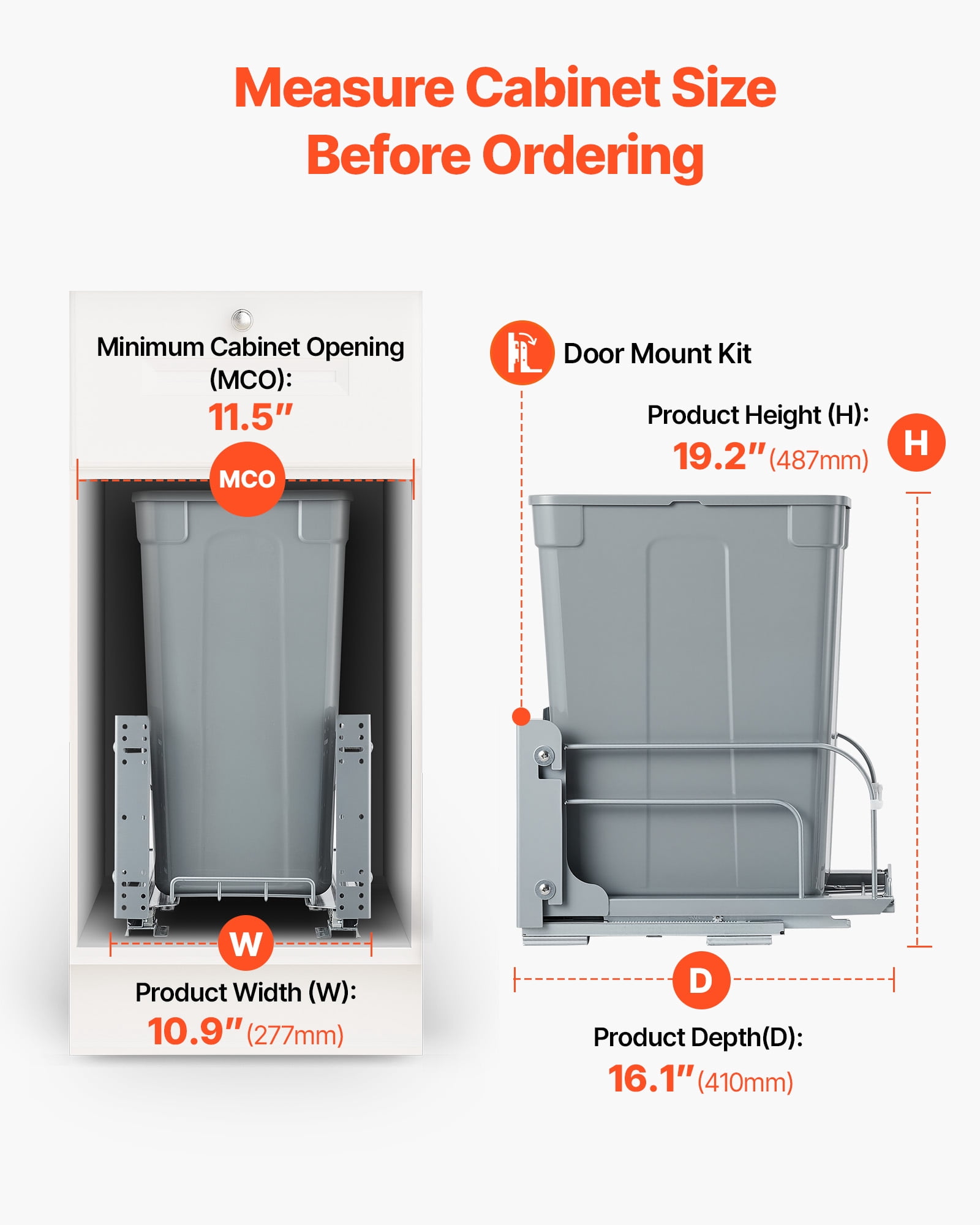 VEVOR Pullout Trash Can for Kitchen Cabinets, 35 QT Garbage Waste Recycling Bin, Under Mount Waste Container, with Heavy Duty Metal Soft Close Sliding System and Door Kit, for Sink, Under Counter