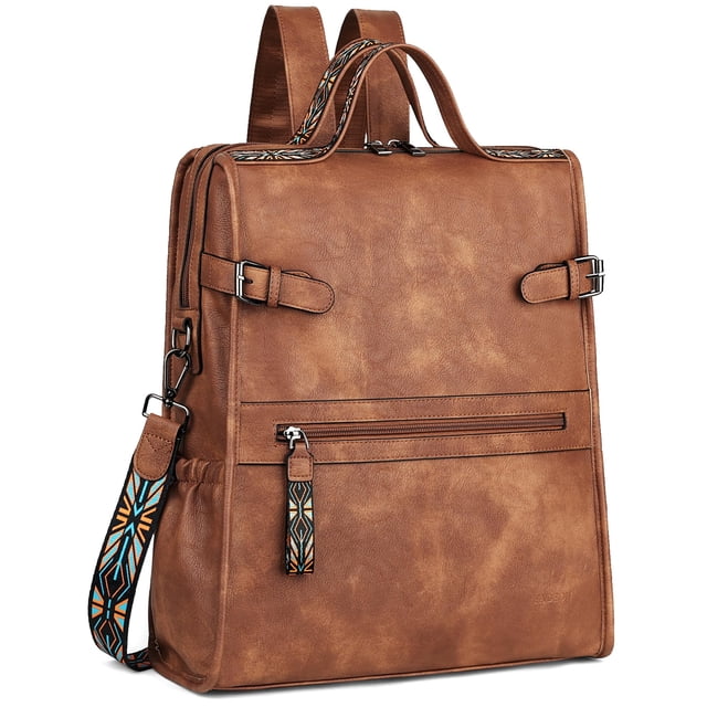 Mochila de piel para portátil FADEON para mujer, marrón, impermeable