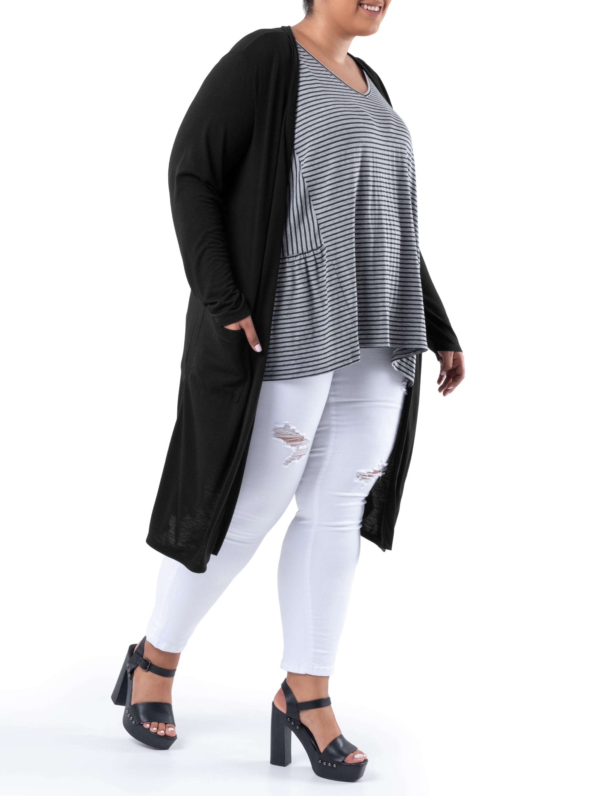 Wright's Women's Plus Size Long Sleeve Open Front Pocket Jersey Duster Cardigan, 1X-5X