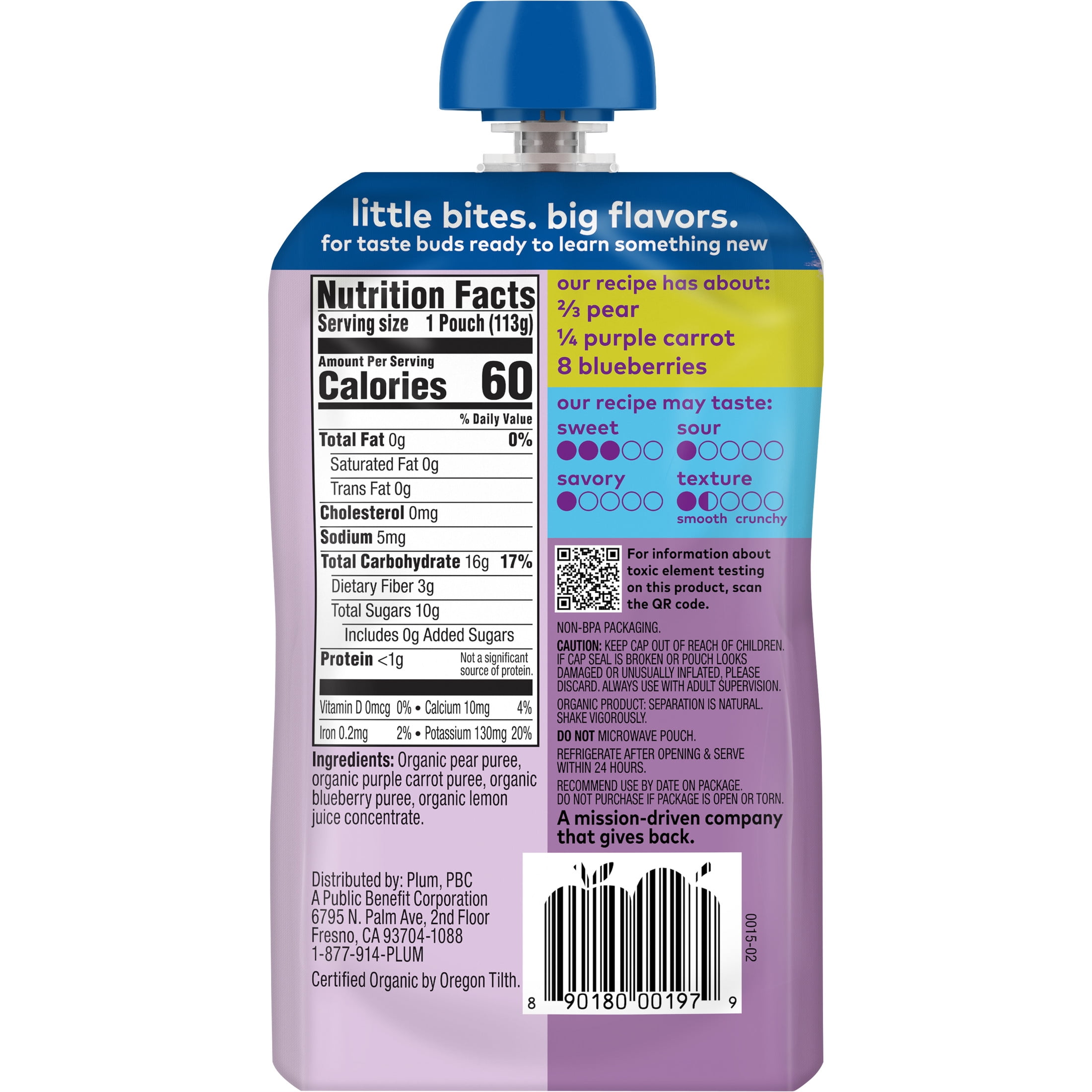 (12 pack) Plum Organics® Stage 2 Organic Baby Food Pear, Purple Carrot + Blueberry 4oz Pouch