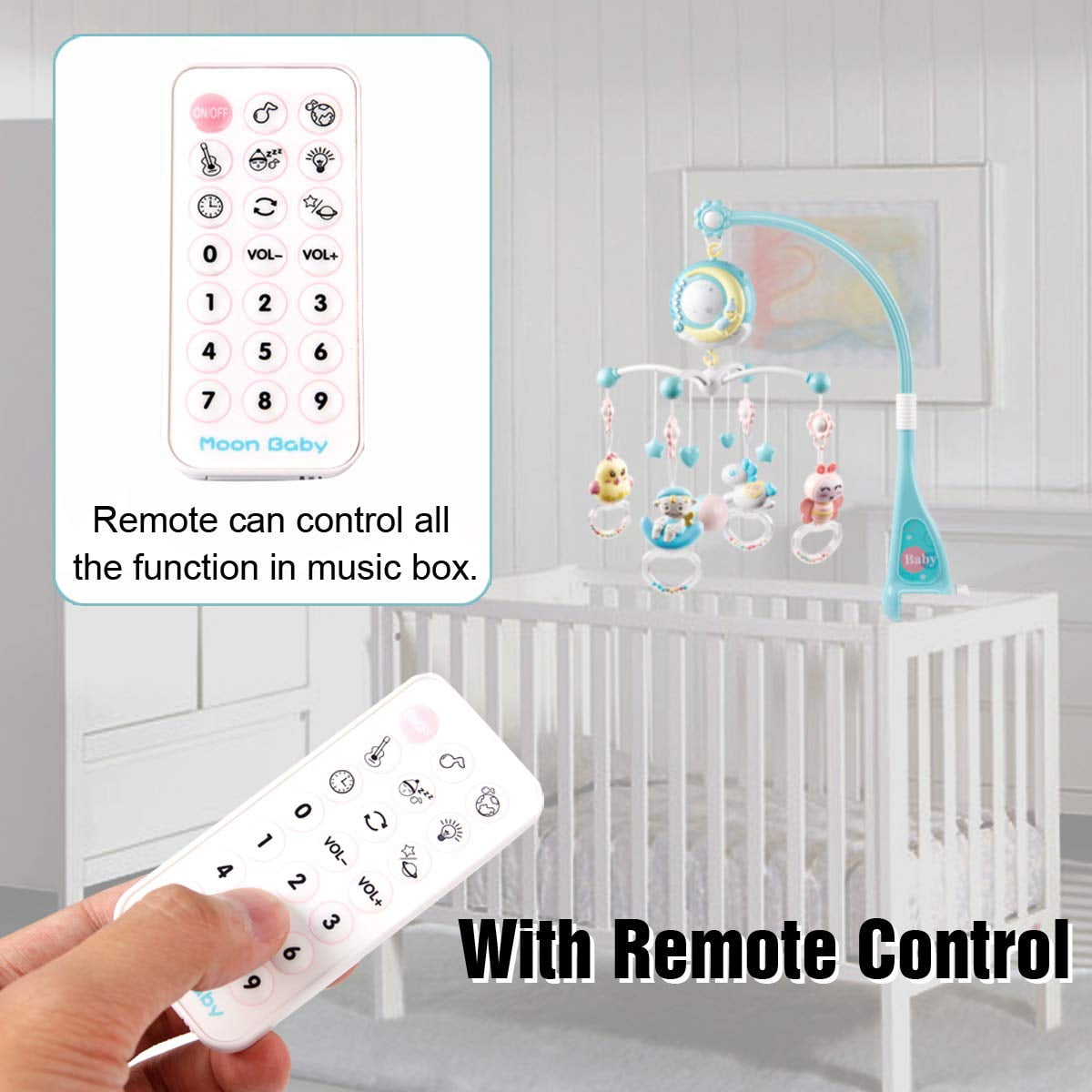 Mini Tudou Baby Musical Mobile Crib with Music and Lights, Timing Function, Projection,Hanging Rattle and Music Box for Babies Boy Girl Toddler 0 to 24 Months