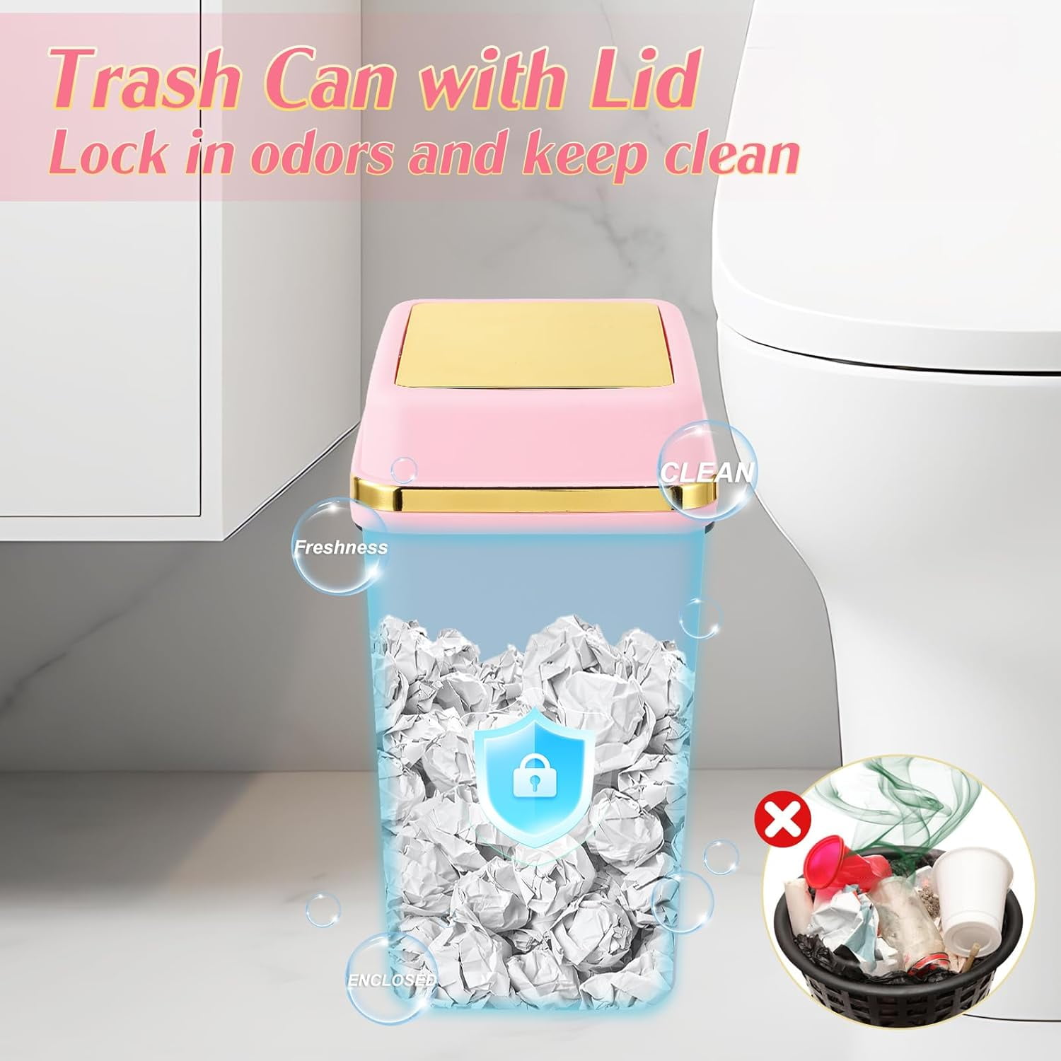 3 Pack 4 Gallon Bathroom Trash Can with Lid, Slim Small Garbage Bin for Kitchen Bedroom Office, White/Pink/Green